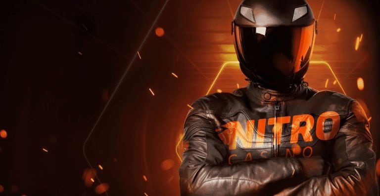 Nitro Casino motorcycle rider with helmet and leat.  Nitro Casino Online