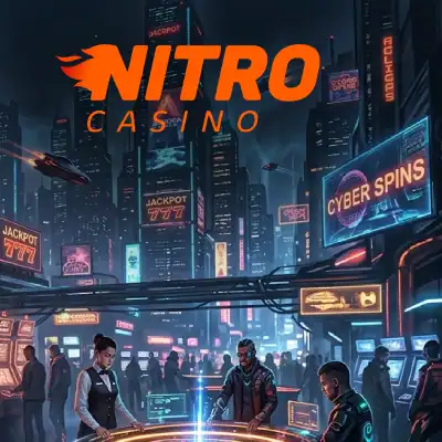 High-tech futuristic casino scene at night.  Nitro Casino Online